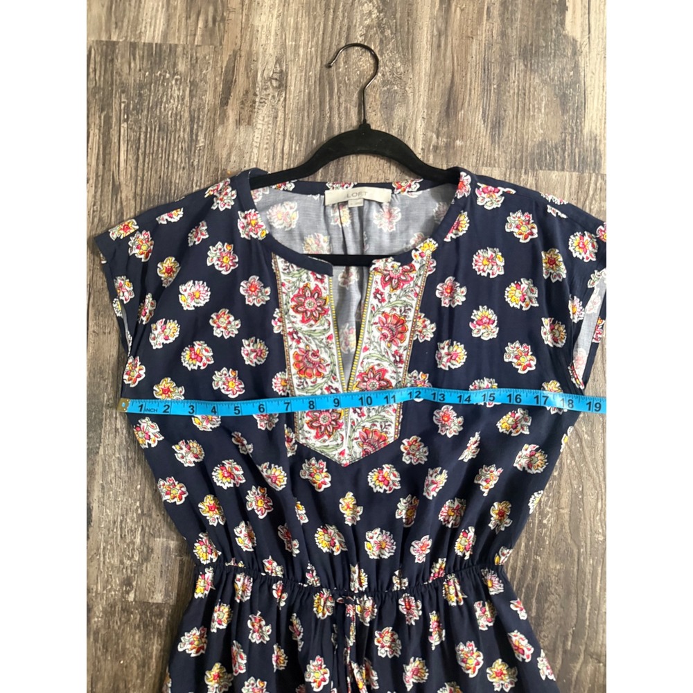 LOFT Womens Navy Blue Floral Boho Midi Dress Cap Sleeve Tassel Waist Small - Picture 6 of 11